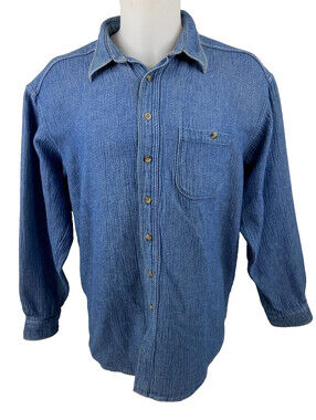 Woolrich Men 2XLT Blue Denim Shirt Long Sleeve Vtg Heavyweight Outdoor